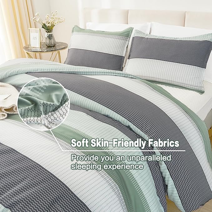Litanika King Size Comforter Set Sage Green - 3 Pieces Lightweight Bedding Comforter Sets, Light Green White Colorblock Stripe Fluffy Bed Set, All Season Down Alternative - LeafyLoom