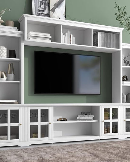 Merax Minimalism Style Entertainment Wall Unit with Bridge, Multifunctional TV Stand with Tempered Glass Door Modern Console Table for Televisions Up to 70”, 104.3 inch Length, White - LeafyLoom