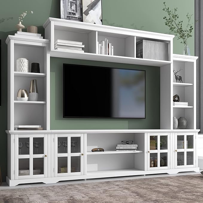 Merax Minimalism Style Entertainment Wall Unit with Bridge, Multifunctional TV Stand with Tempered Glass Door Modern Console Table for Televisions Up to 70”, 104.3 inch Length, White - LeafyLoom