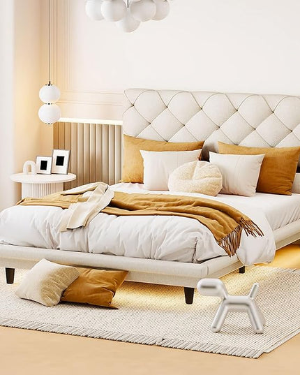 Full Size Linen Upholstered Bed with Light Stripe,Floating Platform Beds,w/Headboard and Wooden Slats Support,for Apartment,Bedroom,Living Room,Easy Assembly,Beige - LeafyLoom