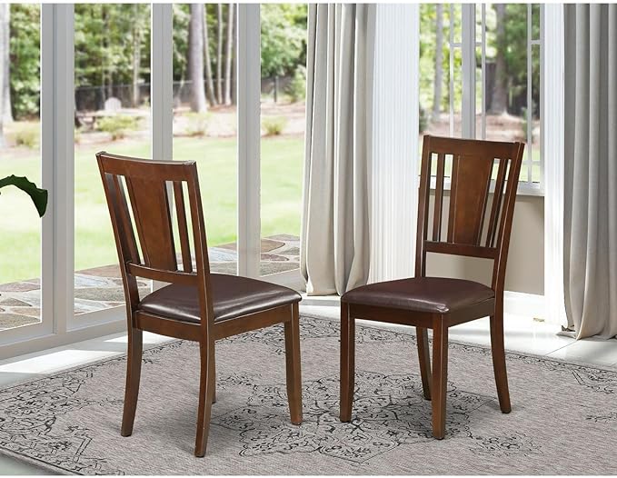 East West Furniture Dudley Kitchen Dining Faux Leather Upholstered Wood Chairs, Set of 2, Mahogany - LeafyLoom