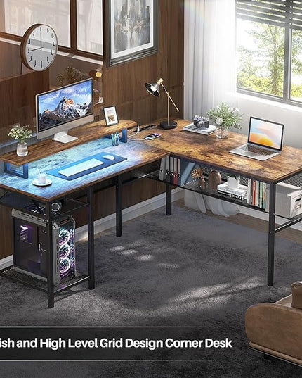L Shaped Computer Desk, Reversible Office Desk with Magic Power Outlet and Smart LED Light, Sturdy Corner Desk with Monitor Stand, Cool Gaming Table, Attractive Grid Design, Rustic Brown - LeafyLoom