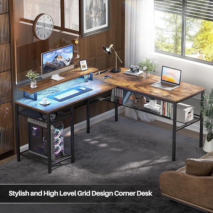 L Shaped Computer Desk, Reversible Office Desk with Magic Power Outlet and Smart LED Light, Sturdy Corner Desk with Monitor Stand, Cool Gaming Table, Attractive Grid Design, Rustic Brown - LeafyLoom