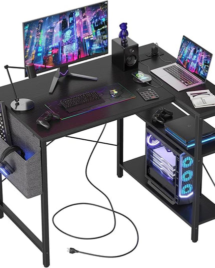Small Computer Desk with Power Outlets, 40 Inch L Shaped Desk with Reversible Shelves, Gaming Desk Corner Desk Study Writing Table for Home Office Bedroom Living Room, Black - LeafyLoom