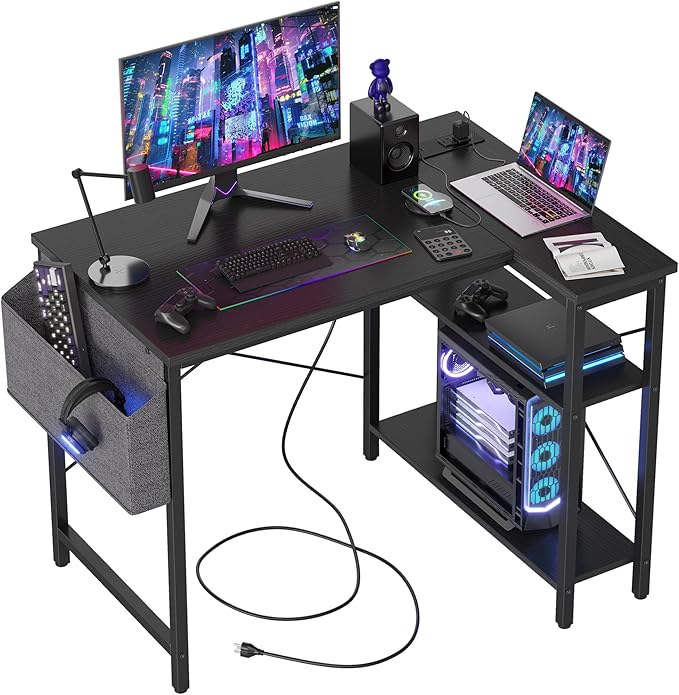Small Computer Desk with Power Outlets, 40 Inch L Shaped Desk with Reversible Shelves, Gaming Desk Corner Desk Study Writing Table for Home Office Bedroom Living Room, Black - LeafyLoom