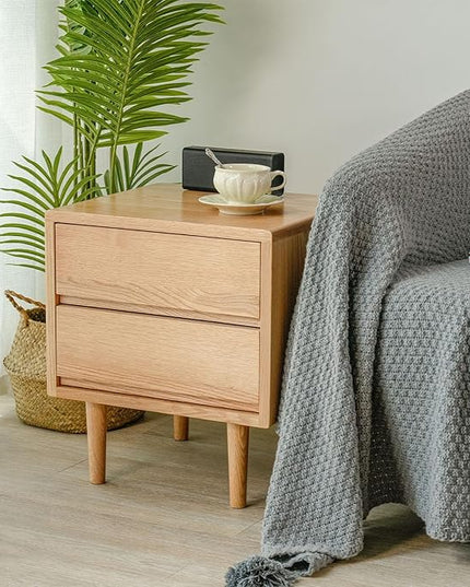 Night Stand, Mid Century Modern Nightstand w/2 Drawers, Boho Nightstand, Small Nightstand, Oak Bedroom Nightstand, Solid Wood Bedside Table, 17.72 W x 15.75 D x 19.69 H Inches(Natural) - LeafyLoom