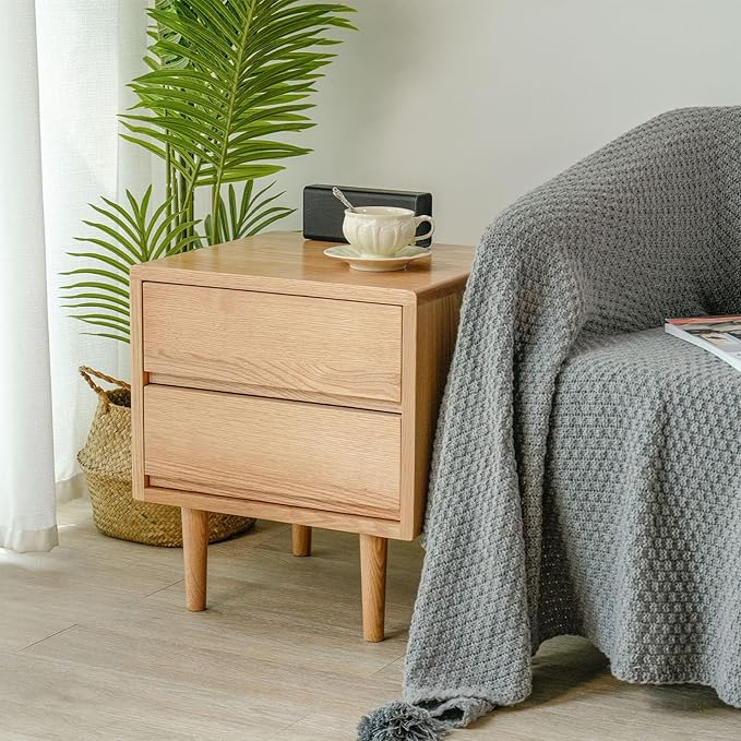 Night Stand, Mid Century Modern Nightstand w/2 Drawers, Boho Nightstand, Small Nightstand, Oak Bedroom Nightstand, Solid Wood Bedside Table, 17.72 W x 15.75 D x 19.69 H Inches(Natural) - LeafyLoom