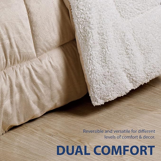 Cathay Home Bedding Sets: Ultra Soft and Plush Reversible Micromink and Sherpa 3-Piece Comforter Set, Camel, Queen (90" x 90") - LeafyLoom