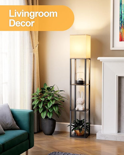 Floor Lamp with Shelves for Living Room, Shelf Floor Lamp with 3 CCT LED Bulb, Corner Display Standing Column Lamp Etagere Organizer Tower Nightstand with White Linen Shade for Bedroom, Office - LeafyLoom