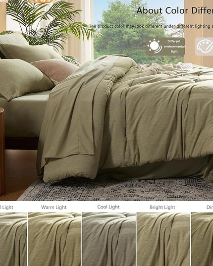 UNILIBRA Twin XL Comforter Set - 5 Pieces Bed in a Bag Twin XL Size Olive Green Soft for All Seasons-Cationic Dyeing Bedding Comforter Set with Comforter, Flat Sheet, Fitted Sheet, Pillowcases & Shams - LeafyLoom