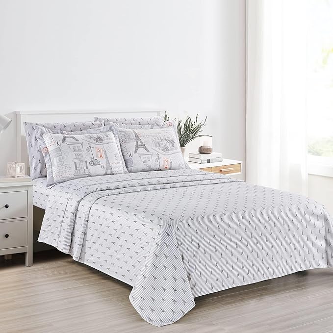 Printed Queen Bedding Sets with Comforter and Sheets, 7 Piece Bed in A Bag Comforter Set with Fluffy Microfiber, Vintage French Paris City Retro Eiffel Tower Pattern - LeafyLoom