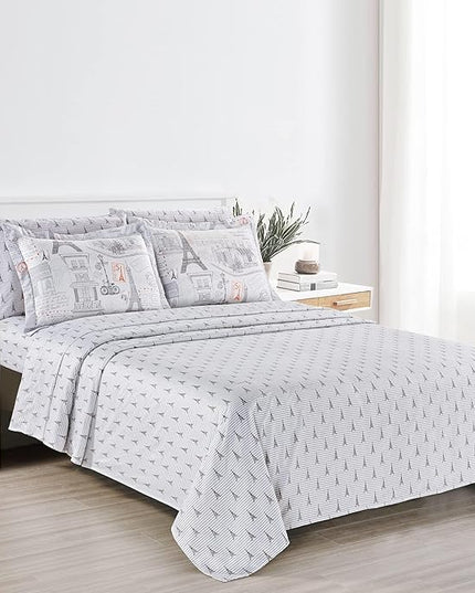 Printed King Bedding Sets with Comforter and Sheets, 7 Piece Bed in A Bag Comforter Set with Fluffy Microfiber, Vintage French Paris City Retro Eiffel Tower Pattern - LeafyLoom