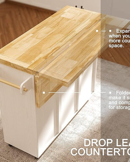 IRONCK Rolling Kitchen Island Cart with Drop-Leaf Countertop, Thicker Rubberwood Top, 3 Drawers, Barn Door Style Cabine, Spice Rack, on Wheels, for Kitchen and Dining Room, White - LeafyLoom