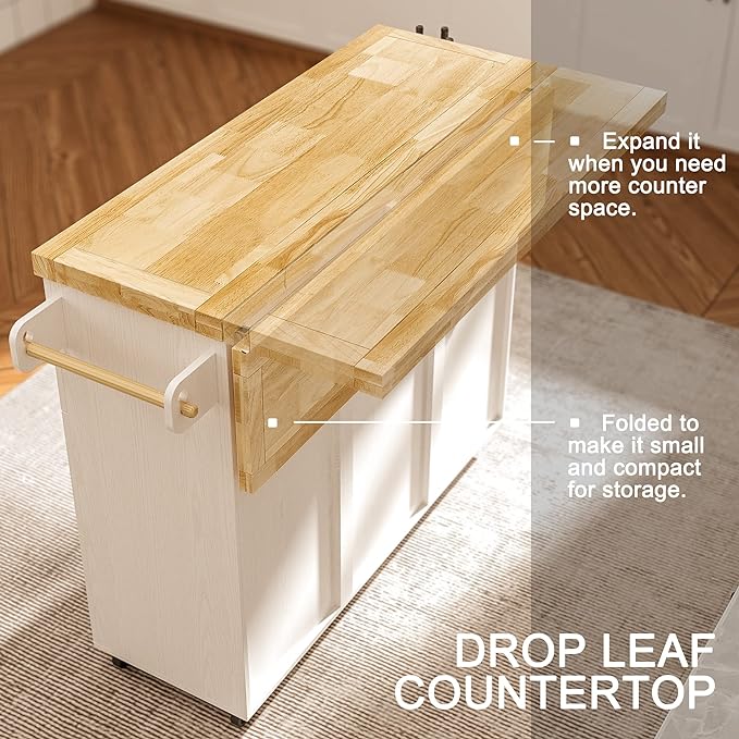 IRONCK Rolling Kitchen Island Cart with Drop-Leaf Countertop, Thicker Rubberwood Top, 3 Drawers, Barn Door Style Cabine, Spice Rack, on Wheels, for Kitchen and Dining Room, White - LeafyLoom