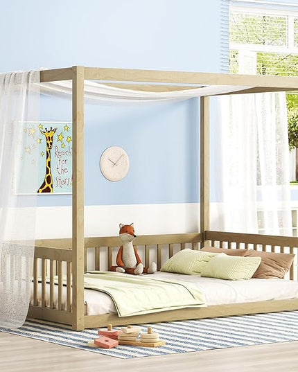 Full Size Canopy Bed Frame with Guardrails for Kids,Floor Bed Full with Four Poster Design,Kids Montessori Floor Bed,Wood Canopy Bed Frame for Girls,Boys(Full,Natural) - LeafyLoom