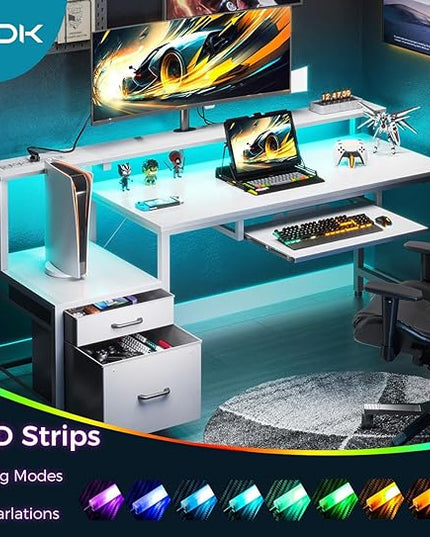 AODK 63 Inch Computer Desk with Power Outlet and LED Light, Reversible Office Desk with File Cabinet and Drawer, Gaming Desk with Keyboard Tray, Study Table with Full Monitor Riser and PC Stand, White - LeafyLoom