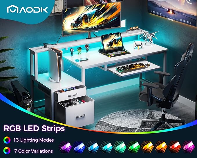 AODK 63 Inch Computer Desk with Power Outlet and LED Light, Reversible Office Desk with File Cabinet and Drawer, Gaming Desk with Keyboard Tray, Study Table with Full Monitor Riser and PC Stand, White - LeafyLoom