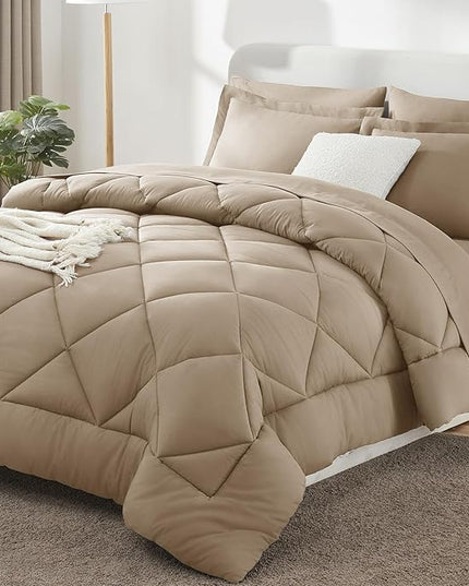 CozyLux Queen Comforter Set with Sheets 7 Pieces Bed in a Bag Taupe All Season Bedding Sets with Comforter, Pillow Shams, Flat Sheet, Fitted Sheet and Pillowcases - LeafyLoom