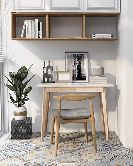 TaoHFE White Vanity Desk with Solid Rubber Wood Legs Glossy White 39 Inch Vanity Table Computer Desk for Home Small Spaces Girl Makeup Desk Modern Vanity Desk No Mirror Dressing Table for Bedroom - LeafyLoom