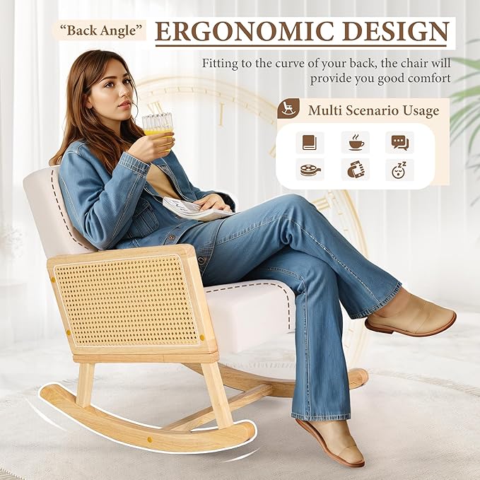 YESHOMY Mid-Century Accent Rocking Chair Set of 2 with Pillow Upholstered with Solid Frame & Breathable Armrest for Living Room, White - LeafyLoom