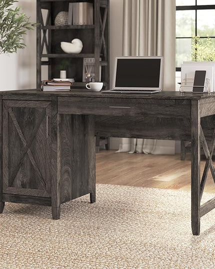 Bush Furniture Key West 54-Inch Computer Desk with Keyboard Tray and Storage, Dark Gray Hickory (KWD154GH-03) - LeafyLoom