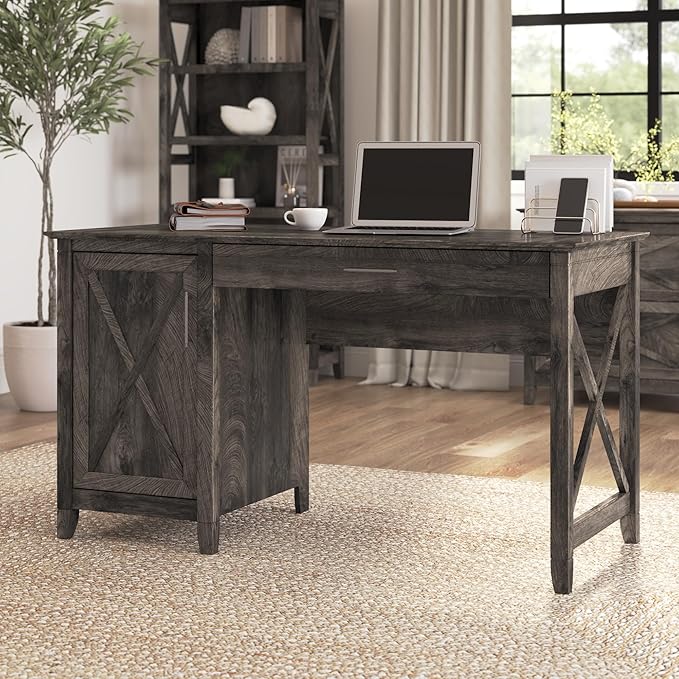 Bush Furniture Key West 54-Inch Computer Desk with Keyboard Tray and Storage, Dark Gray Hickory (KWD154GH-03) - LeafyLoom