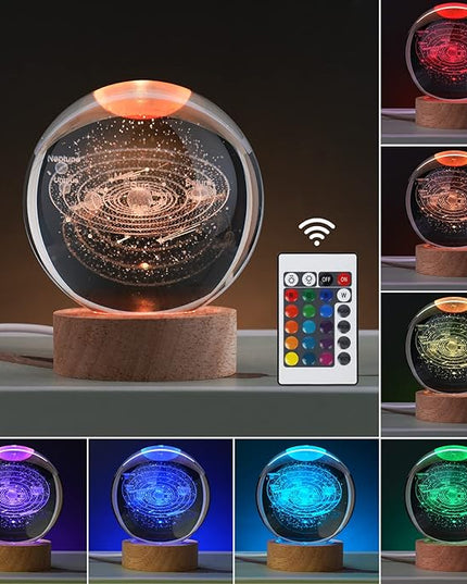 Large 3D Solar System Crystal Ball, Crystal Lamp 16 Color Changing Night Light with Remote Control for Bedroom Decor, Birthday Gift for Teens Boys and Girls, Solar System Model - LeafyLoom