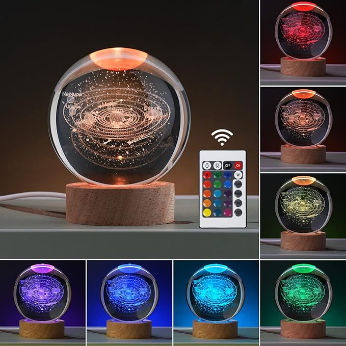Large 3D Solar System Crystal Ball, Crystal Lamp 16 Color Changing Night Light with Remote Control for Bedroom Decor, Birthday Gift for Teens Boys and Girls, Solar System Model - LeafyLoom
