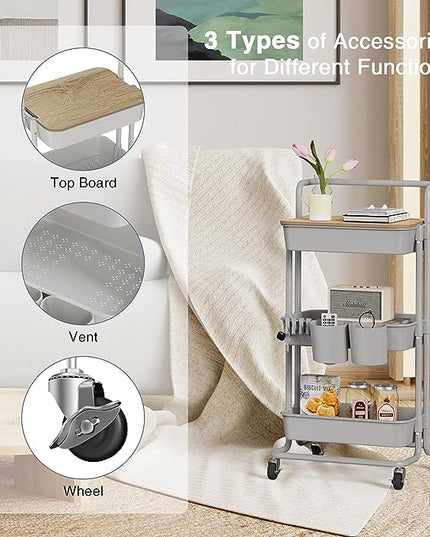 DTK 3 Tier Rolling Utility Cart with Cover Top Board, Movable Kitchen Storage Cart Trolley with Lockable Wheels, Cups, Hooks for Kitchen Bathroom Home Office Art Craft Storage and Organization(Grey) - LeafyLoom