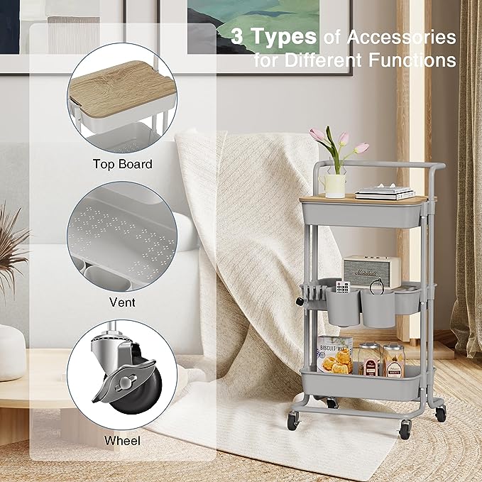 DTK 3 Tier Rolling Utility Cart with Cover Top Board, Movable Kitchen Storage Cart Trolley with Lockable Wheels, Cups, Hooks for Kitchen Bathroom Home Office Art Craft Storage and Organization(Grey) - LeafyLoom
