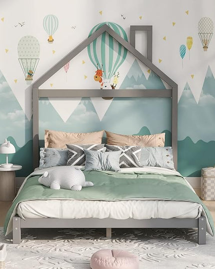 Jintop Full Size Wood Platform House-Shaped Headboard and Chimney,Bedroom Furniture Bed Frame W/ 10 Slat Support,Easy to Install,for Teens Kids Girls Boys,Gray - LeafyLoom