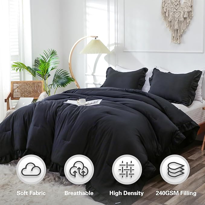 Black Double Ruffle Comforter Set Full Size (79x90 Inch), 3 Pcs Farmhouse Vintage Comforter Set (1 Ruffled Comforter and 2 Pillowcase), Rustic All Season Down Alternative Bedding Set - LeafyLoom