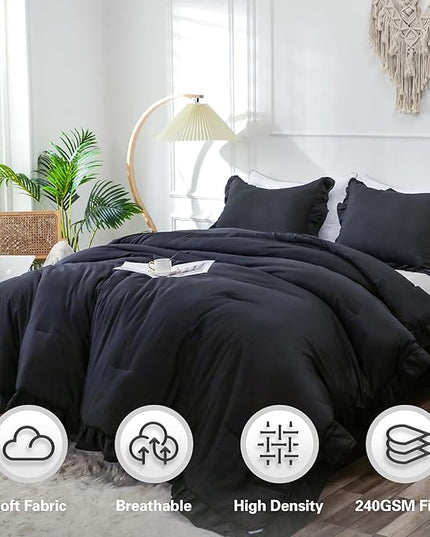 Black Double Ruffle Comforter Set Twin Size (66x90 Inch), 2 Pcs Farmhouse Vintage Comforter Set (1 Ruffled Comforter and 1 Pillowcase), Rustic All Season Down Alternative Bedding Set - LeafyLoom
