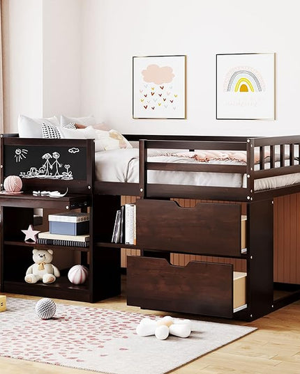 Loft Bed Frame, Twin Size Low Loft Bed with Small Rolling Desk, Chalkboard, 2 Shelves and 2 Storage Drawers for Kids Boys Girls Teens Bedroom, Space Saving Design, Espresso - LeafyLoom