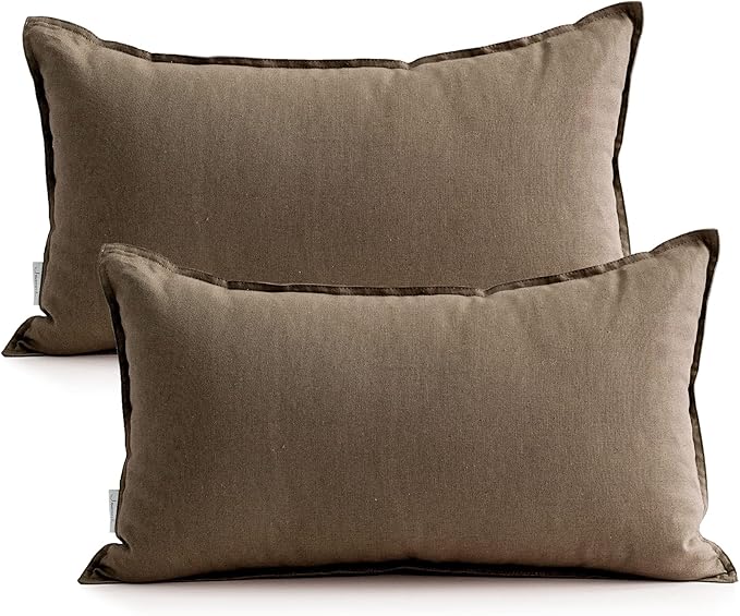 Jeanerlor Natural Cotton Linen Green Decorative 12"x20" Throw Pillow Case Cushion Cover with Twin Needles Stitch on Edge for Lumbar, (30 x 50cm), 2 Pcs, Khaki - LeafyLoom