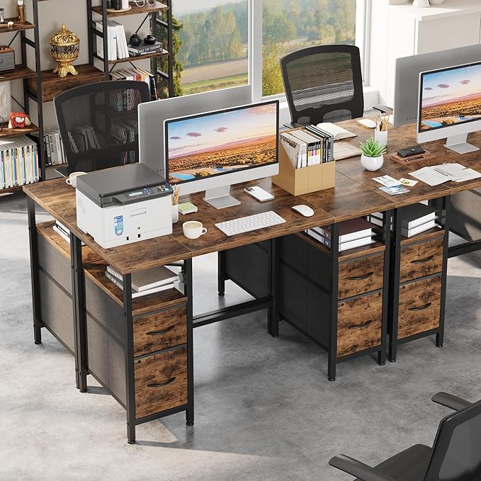 47'' Office Desk with 4 Fabric File Drawers - File Drawer Organization, Computer Work Desk, Study Writing Table, Home Office Workstation, Rustic Brown - LeafyLoom