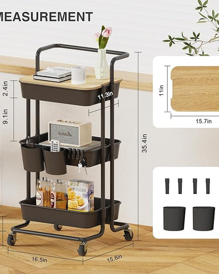 DTK 3 Tier Rolling Cart Uility Cart with Cover Board, Mobile Storage Cart with Wheels, Cups, Hooks for Office Utility Kitchen Bathroom Homeschool Art Craft Postpartum Teacher Cart Organizer(Black) - LeafyLoom
