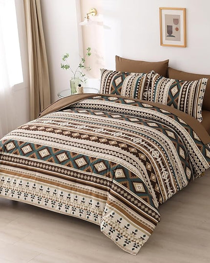 Dinjoy Brown Boho Comforter Set Queen Size,7 Pieces Bed in a Bag Queen Coffee Western Bedding Sets with Sheets Bohemian Geometric Striped Complete Set Aztec for All Seasons Summer 90"x90" - LeafyLoom