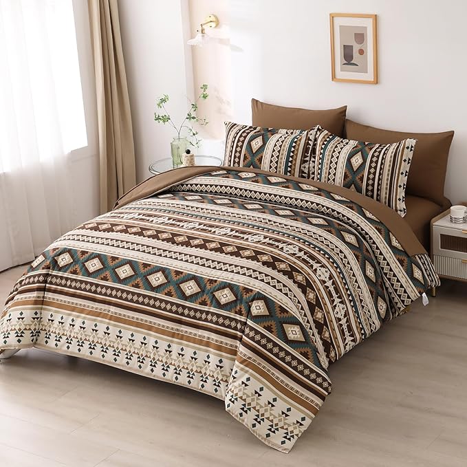 Dinjoy Brown Boho Comforter Set Queen Size,7 Pieces Bed in a Bag Queen Coffee Western Bedding Sets with Sheets Bohemian Geometric Striped Complete Set Aztec for All Seasons Summer 90"x90" - LeafyLoom