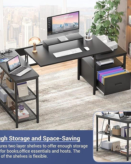 Aheaplus L Shaped Desk with Power Outlet, Standing Home Office Desk with Lift Top and File Drawer, 63'' Corner Computer Desk with Monitor Stand&Printer Shelves, Gaming Desk with Led Lights, Black - LeafyLoom