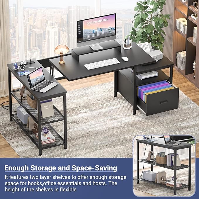 Aheaplus L Shaped Desk with Power Outlet, Standing Home Office Desk with Lift Top and File Drawer, 63'' Corner Computer Desk with Monitor Stand&Printer Shelves, Gaming Desk with Led Lights, Black - LeafyLoom