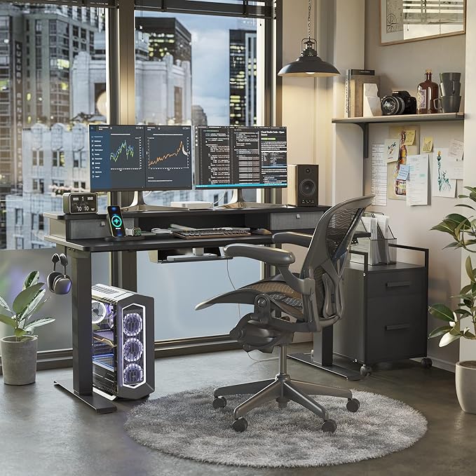 FEZIBO 40 x 24 Inch Height Adjustable Electric Standing Desk with Double Drawer, Stand Up Desk with Storage Shelf, Sit Stand Desk, Black - LeafyLoom