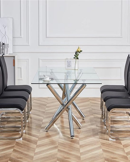 Dining Chairs Set, Kitchen Modern Metal Chairs with Faux Leather Padded Seat High Back and Sturdy Chrome Legs, Chairs for Dining Room (Black, Set of 6) - LeafyLoom