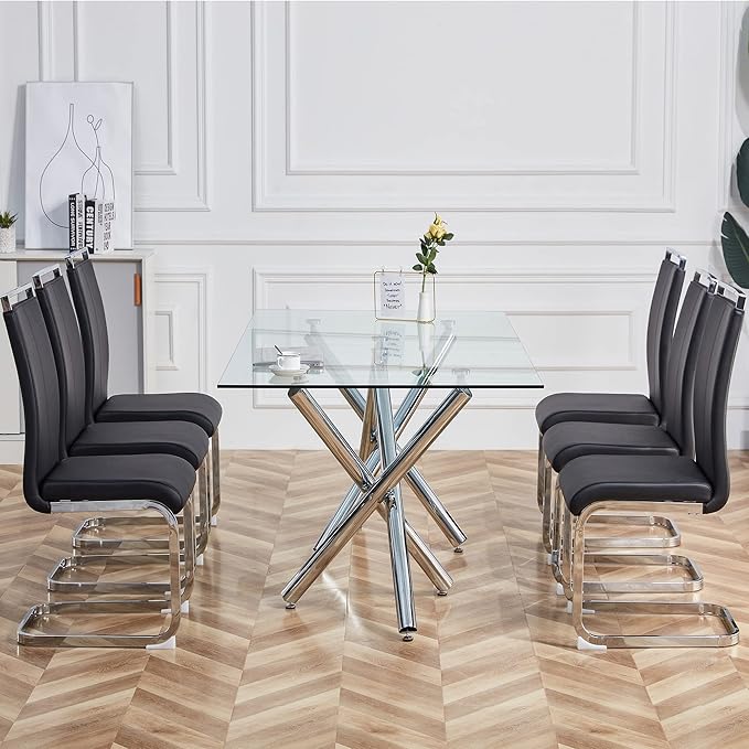 Dining Chairs Set, Kitchen Modern Metal Chairs with Faux Leather Padded Seat High Back and Sturdy Chrome Legs, Chairs for Dining Room (Black, Set of 6) - LeafyLoom