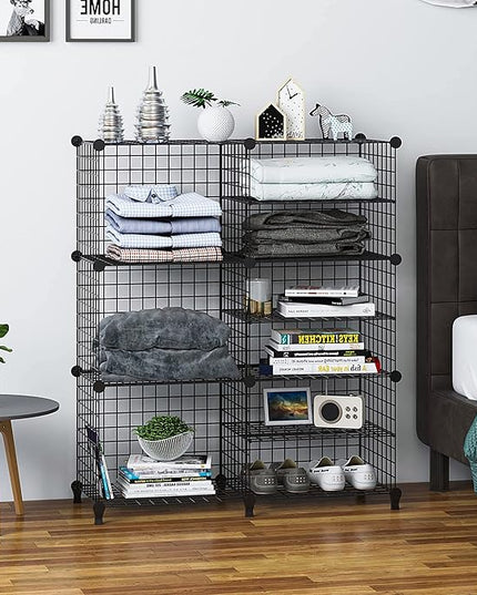 Wolizom Wire Cube Storage, Metal Grids Shelves Bookshelf, Stackable Modular Shelving Organizer, DIY Closet Bookcase Bookshelf, Grid Storage Shelf for Bedroom, Living Room, Office (Black, 3+6 Cube) - LeafyLoom