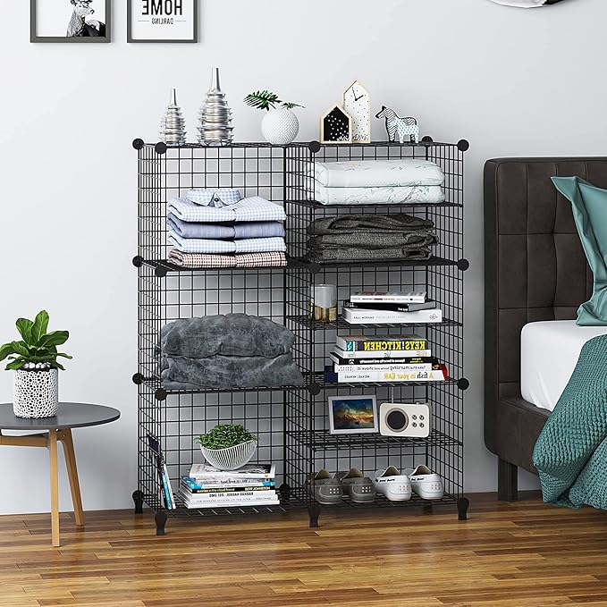Wolizom Wire Cube Storage, Metal Grids Shelves Bookshelf, Stackable Modular Shelving Organizer, DIY Closet Bookcase Bookshelf, Grid Storage Shelf for Bedroom, Living Room, Office (Black, 3+6 Cube) - LeafyLoom