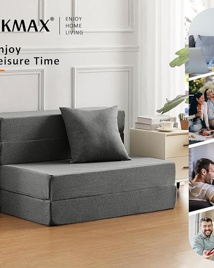 Queen Size Folding Sofa Bed - 4 in 1 Sleeper Chair with Two Pillows - High Density Memory Foam Futon Couch - Convertible Folding Bed with Washable Modern Linen Cover for Apartment (Dark Grey) - LeafyLoom