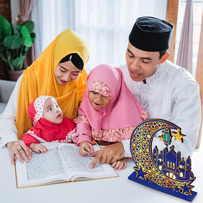 Capoda Eid Craft Night Light Ramadan Mubarak Table Decor 3D Wooden Moon Star LED Light Decor, Mosque Lamp Eid al-Fitr Ornament Gift for Muslim Ramadan Islamic Wall Decor Table Centerpiece(Blue) - LeafyLoom