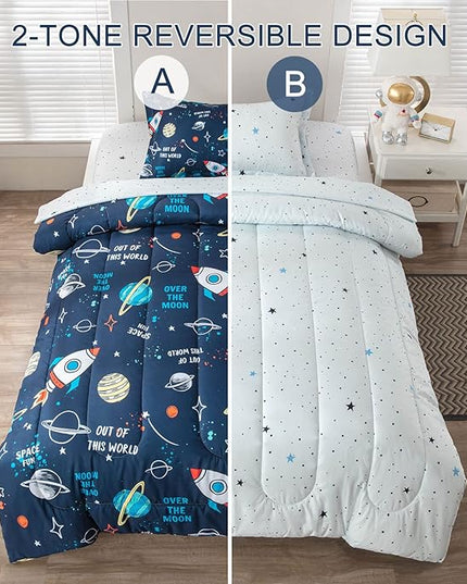 Planet Twin Comforter Set for Boys Girls 4-Piece Rocket Kids Bedding Sets Galaxy Space Stars Bedroom Decor - Include Reversible Comforter, Flat Sheet, Fitted Sheet and Pillowcase - LeafyLoom