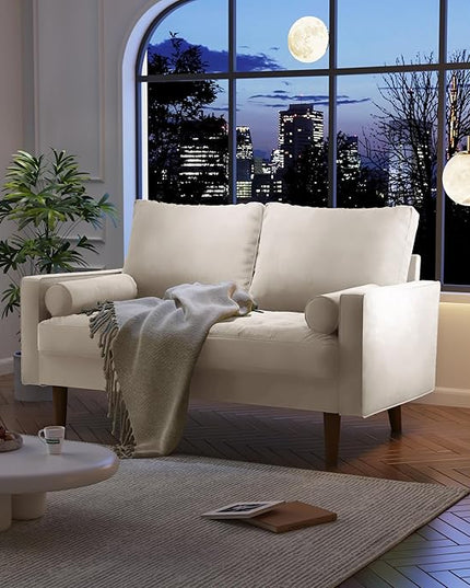 Velvet Furniture for Small Spaces, Mid-Century Modern Loveseats for Living Room, Love Seat Couch Sofas, 58 Inches, Beige - LeafyLoom